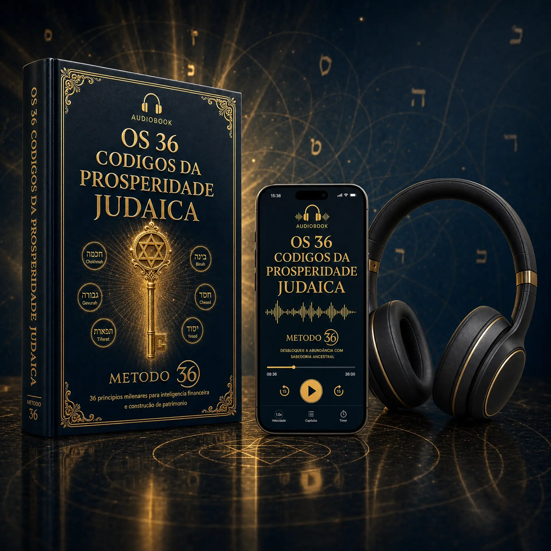 Mockup do audiobook Os 36 Códigos da Prosperidade Judaica com capa de livro, smartphone e fones de ouvido