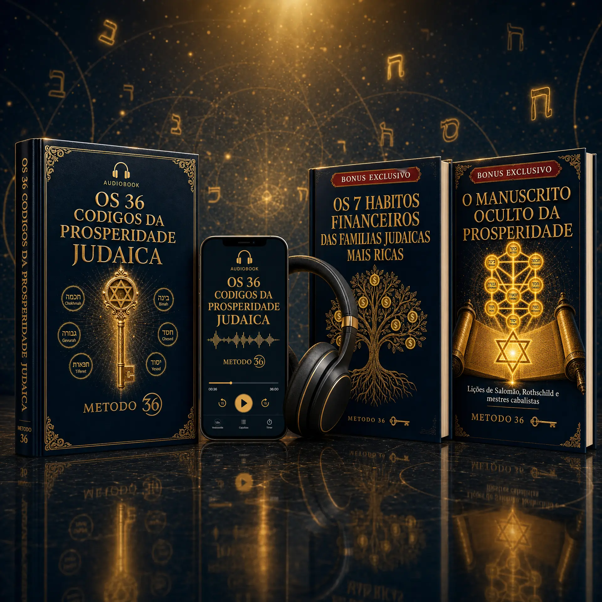 Mockup do audiobook Os 36 Códigos da Prosperidade Judaica com capa de livro, smartphone e fones de ouvido