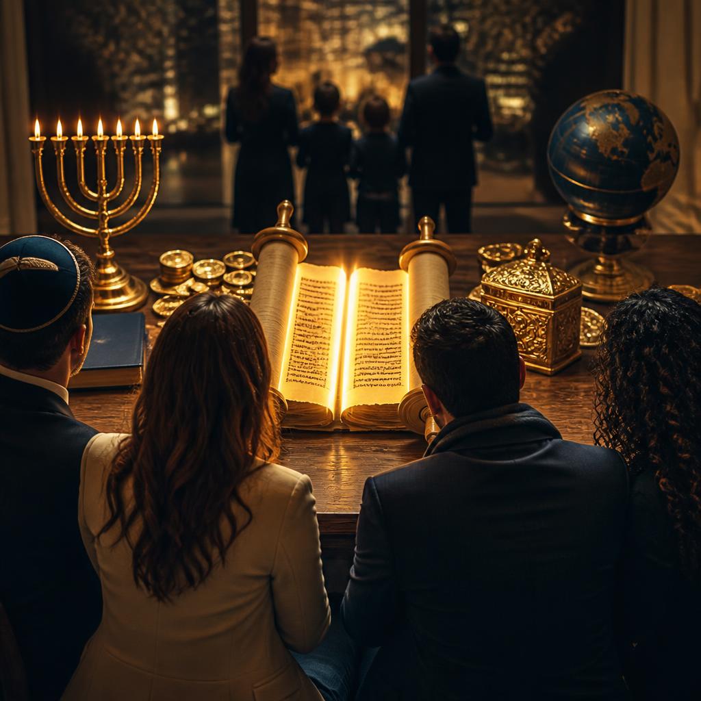 Pessoas reunidas ao redor de um pergaminho da Torá iluminado, com menorá e moedas de ouro, simbolizando a sabedoria judaica da prosperidade com propósito